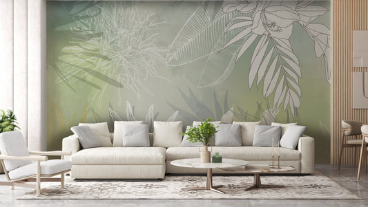 An architectural perspective of a contemporary living space featuring the Floral Fusion Mural in Pale Green as a full-scale feature wall. The mural’s soft, verdant tones pair elegantly with light birch furniture, white linen upholstery, and matte black hardware, creating a serene and cultured interior sanctuary.