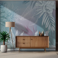An architectural perspective of a contemporary living space featuring the Floral Fusion Mural in Aqua Blue as a full-scale feature wall. The mural’s cool, vibrant tones pair elegantly with white oak furniture, silver accents, and light gray textiles, creating a serene and cultured interior sanctuary.