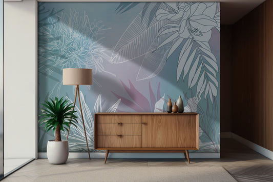 An architectural perspective of a contemporary living space featuring the Floral Fusion Mural in Aqua Blue as a full-scale feature wall. The mural’s cool, vibrant tones pair elegantly with white oak furniture, silver accents, and light gray textiles, creating a serene and cultured interior sanctuary.