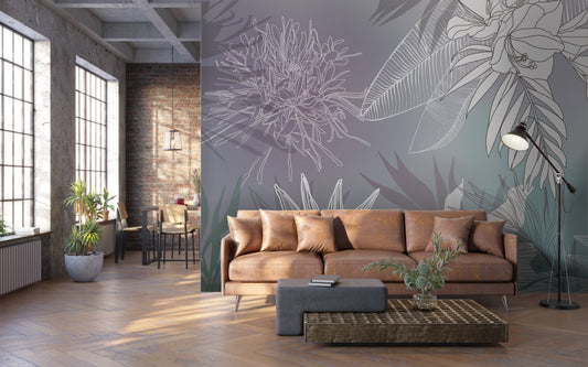 An architectural perspective of a contemporary living space featuring the Floral Fusion Mural in Smoky Gray as a full-scale feature wall. The mural’s deep, neutral tones pair elegantly with dark wood furniture, industrial metal accents, and textured gray textiles, creating a serene and cultured interior sanctuary.