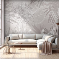 An architectural perspective of a contemporary living space featuring the Floral Fusion Mural in Beige White as a full-scale feature wall. The mural’s neutral, sophisticated tones pair elegantly with natural wood furniture, linen textiles, and black metal accents, creating a serene and cultured interior sanctuary.