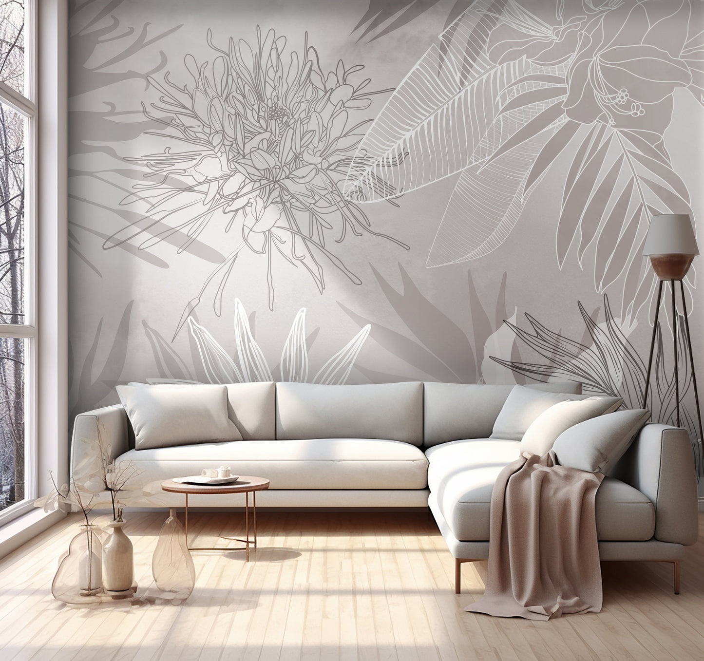 An architectural perspective of a contemporary living space featuring the Floral Fusion Mural in Beige White as a full-scale feature wall. The mural’s neutral, sophisticated tones pair elegantly with natural wood furniture, linen textiles, and black metal accents, creating a serene and cultured interior sanctuary.