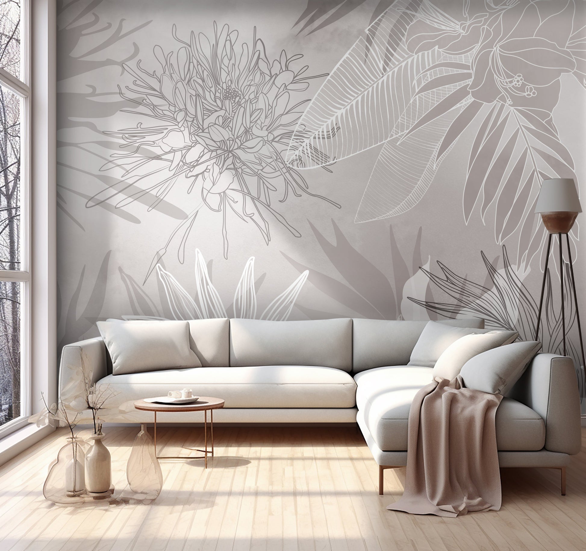 An architectural perspective of a contemporary living space featuring the Floral Fusion Mural in Beige White as a full-scale feature wall. The mural’s neutral, sophisticated tones pair elegantly with natural wood furniture, linen textiles, and black metal accents, creating a serene and cultured interior sanctuary.