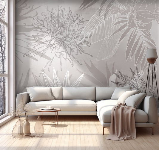 An architectural perspective of a contemporary living space featuring the Floral Fusion Mural in Beige White as a full-scale feature wall. The mural’s neutral, sophisticated tones pair elegantly with natural wood furniture, linen textiles, and black metal accents, creating a serene and cultured interior sanctuary.