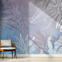 An architectural perspective of a contemporary living space featuring the Floral Fusion Mural in Gentle Lavender as a full-scale feature wall. The mural’s soft purple tones pair elegantly with white marble surfaces, silver metal accents, and gray velvet upholstery, creating a serene and cultured interior sanctuary.