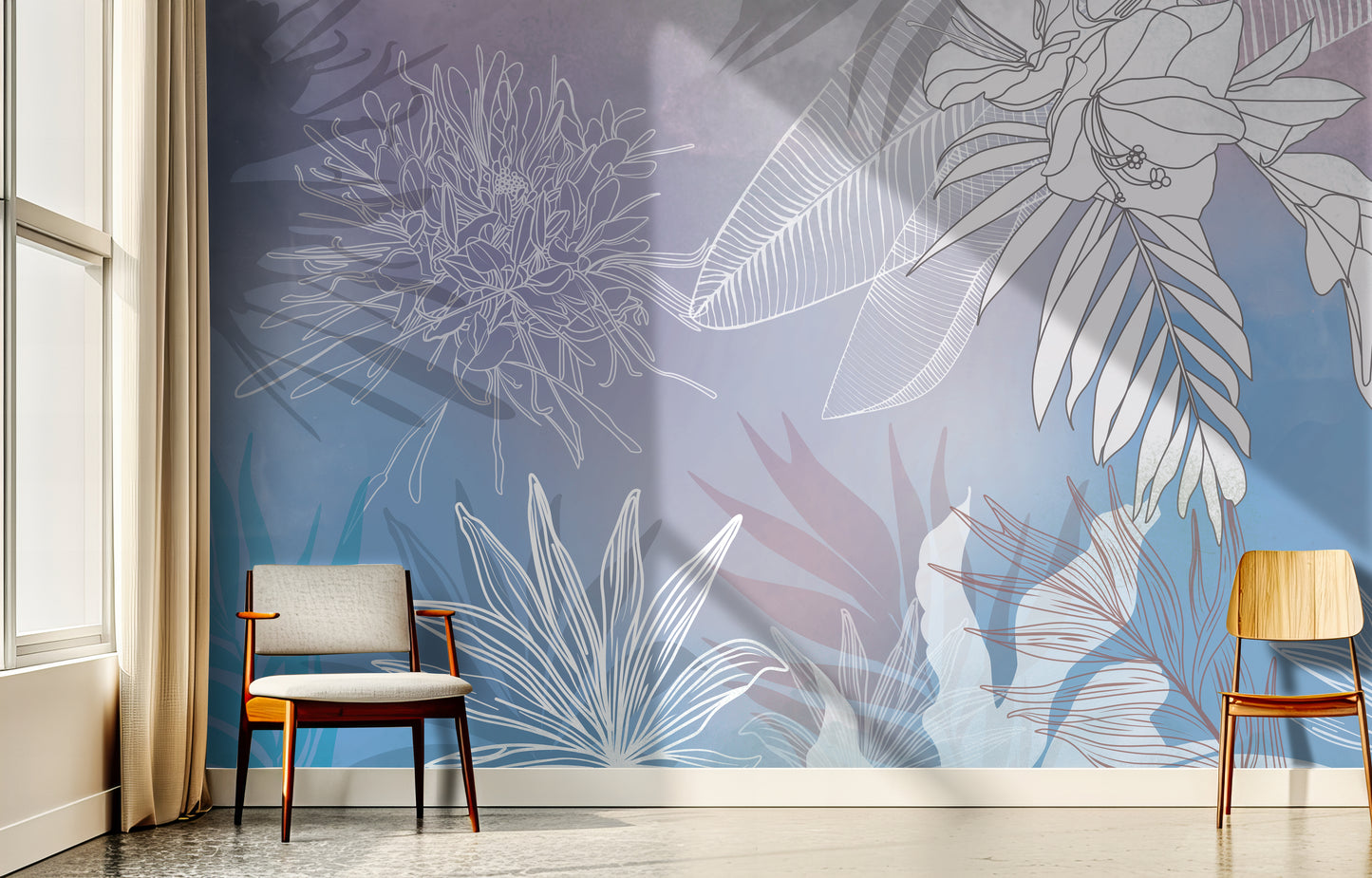 An architectural perspective of a contemporary living space featuring the Floral Fusion Mural in Gentle Lavender as a full-scale feature wall. The mural’s soft purple tones pair elegantly with white marble surfaces, silver metal accents, and gray velvet upholstery, creating a serene and cultured interior sanctuary.