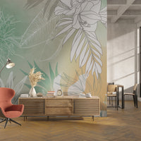An architectural perspective of a contemporary living space featuring the Floral Fusion Mural in Blush Coral as a full-scale feature wall. The mural’s warm, vibrant tones pair elegantly with light oak furniture, gold metal accents, and linen upholstery, creating a joyful and cultured interior sanctuary.