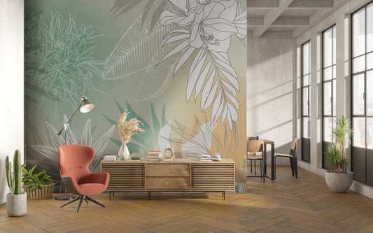 An architectural perspective of a contemporary living space featuring the Floral Fusion Mural in Blush Coral as a full-scale feature wall. The mural’s warm, vibrant tones pair elegantly with light oak furniture, gold metal accents, and linen upholstery, creating a joyful and cultured interior sanctuary.