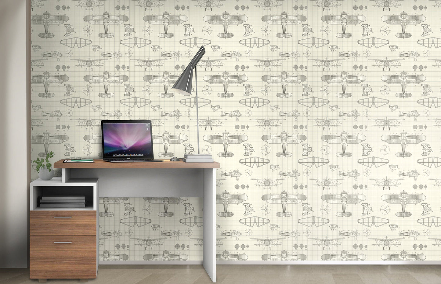 Pale yellow flying machine kids mural wallpaper playful wall design in modern living room.