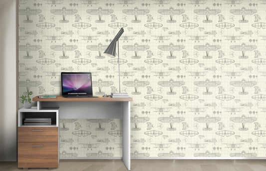Pale yellow flying machine kids mural wallpaper playful wall design in modern living room.