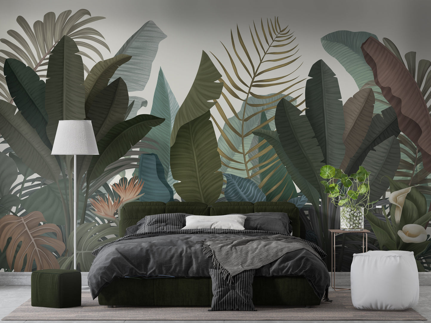 Ebony botanical leaf mural wallpaper installed as a feature wall in living room, dining room, and bedroom interiors with bold tropical design.