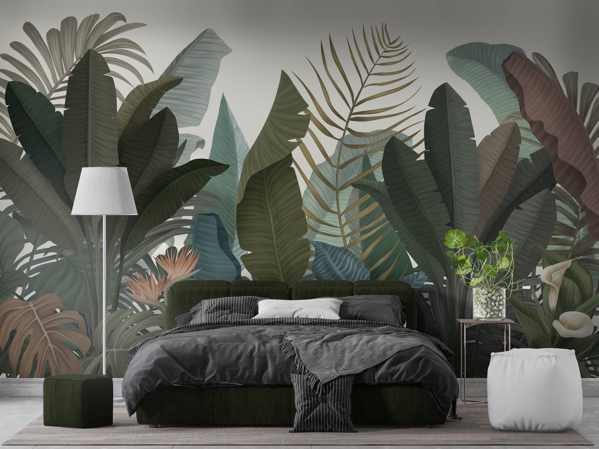 Ebony botanical leaf mural wallpaper installed as a feature wall in living room, dining room, and bedroom interiors with bold tropical design.