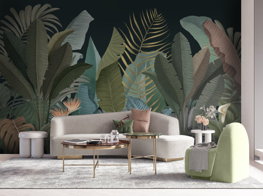 Eerie black botanical leaf mural wallpaper installed as a feature wall in living room, dining room, and bedroom interiors with bold tropical design.