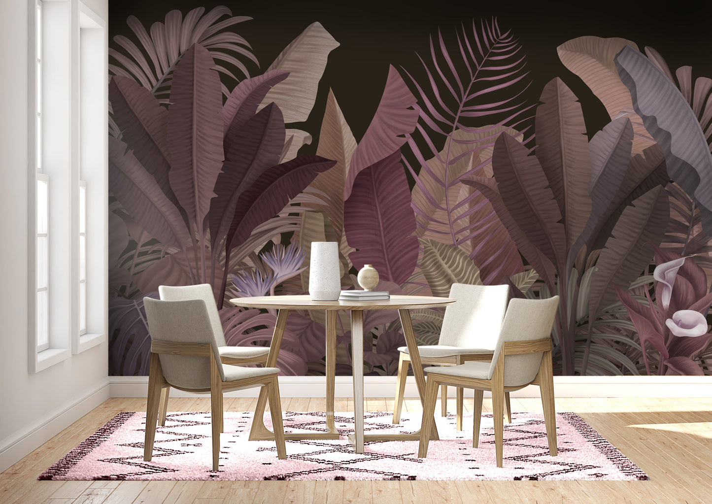 Raisin black botanical leaf mural wallpaper installed as a feature wall in living room, dining room, and bedroom interiors with bold tropical design.