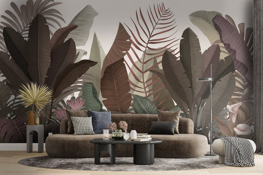 Silver pink botanical leaf mural wallpaper installed as a feature wall in living room, dining room, and bedroom interiors with elegant tropical design detailing.