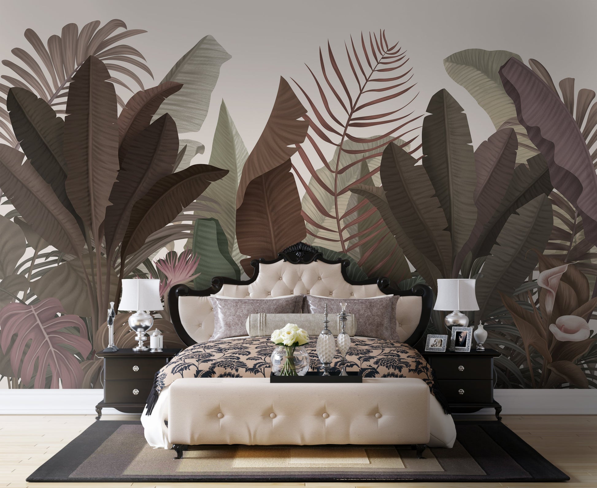 Silver pink botanical leaf mural wallpaper installed as a feature wall in living room, dining room, and bedroom interiors with elegant tropical design detailing.