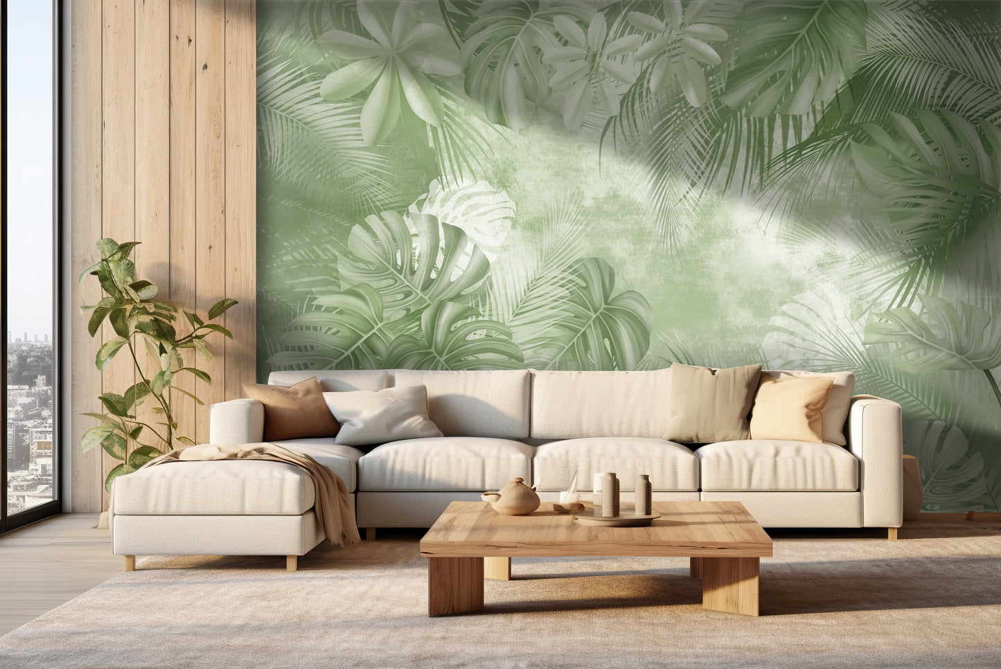 An architectural perspective of a high-end sunroom featuring the Foliage Fresco Mural in Cool Green as a full-scale feature wall. The mural’s soft, monochromatic green tones pair strikingly with light oak furniture and stone textures, creating a peaceful and cultured interior sanctuary bathed in natural light.