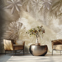 An architectural perspective of a high-end sunroom featuring the Foliage Fresco Mural as a full-scale feature wall. The mural’s warm, monochromatic brown tones pair striking with leather seating and metallic accents, creating a peaceful and cultured interior sanctuary bathed in natural light.
