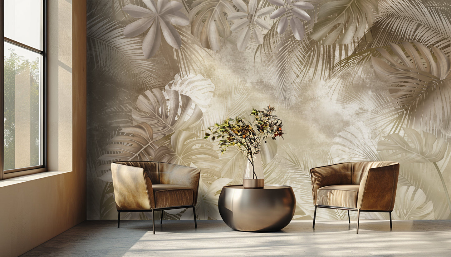An architectural perspective of a high-end sunroom featuring the Foliage Fresco Mural as a full-scale feature wall. The mural’s warm, monochromatic brown tones pair striking with leather seating and metallic accents, creating a peaceful and cultured interior sanctuary bathed in natural light.