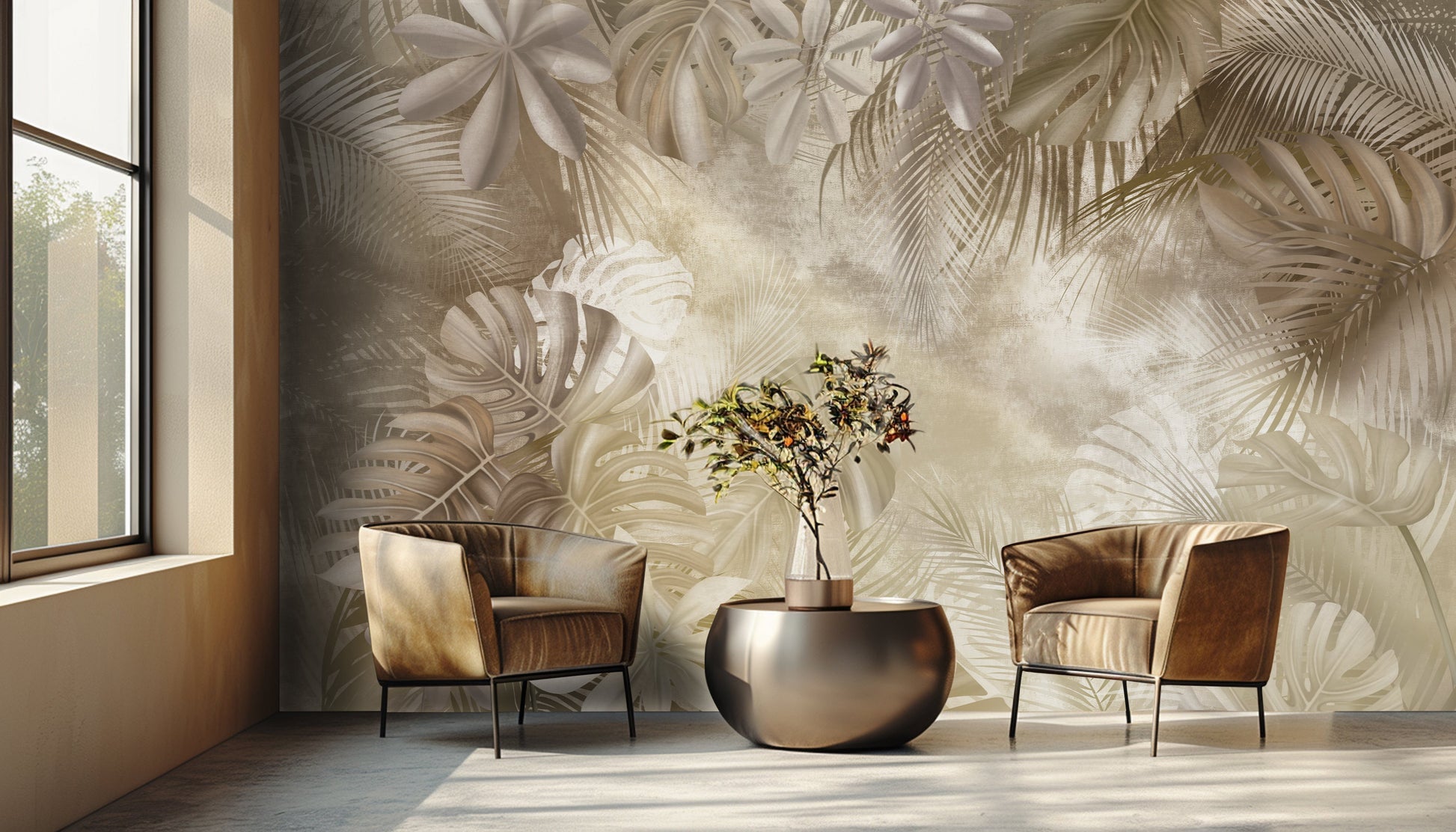An architectural perspective of a high-end sunroom featuring the Foliage Fresco Mural as a full-scale feature wall. The mural’s warm, monochromatic brown tones pair striking with leather seating and metallic accents, creating a peaceful and cultured interior sanctuary bathed in natural light.