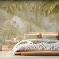 An architectural perspective of a high-end sunroom featuring the Foliage Fresco Mural in Old Gold as a full-scale feature wall. The mural’s warm, monochromatic gold tones pair strikingly with dark wood furniture and brass accents, creating a peaceful and cultured interior sanctuary bathed in natural light.