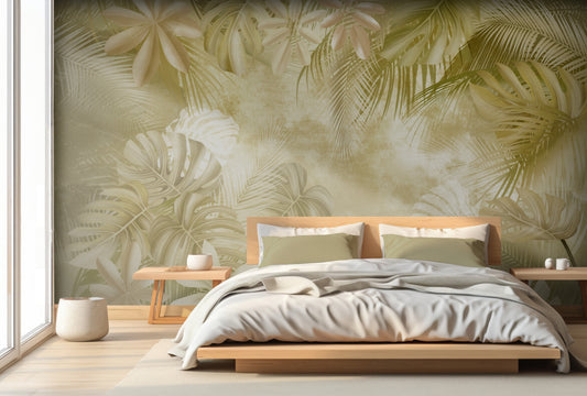 An architectural perspective of a high-end sunroom featuring the Foliage Fresco Mural in Old Gold as a full-scale feature wall. The mural’s warm, monochromatic gold tones pair strikingly with dark wood furniture and brass accents, creating a peaceful and cultured interior sanctuary bathed in natural light.
