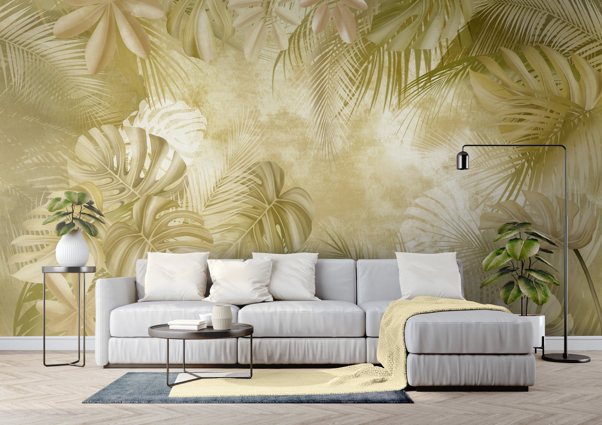 An architectural perspective of a high-end sunroom featuring the Foliage Fresco Mural in Old Gold as a full-scale feature wall. The mural’s warm, monochromatic gold tones pair strikingly with dark wood furniture and brass accents, creating a peaceful and cultured interior sanctuary bathed in natural light.