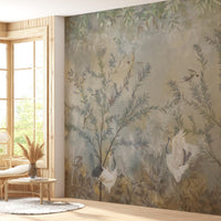 Sage mist woodland landscape mural wallpaper installed as a feature wall in living room, dining room, and bedroom interiors with nature-inspired design.