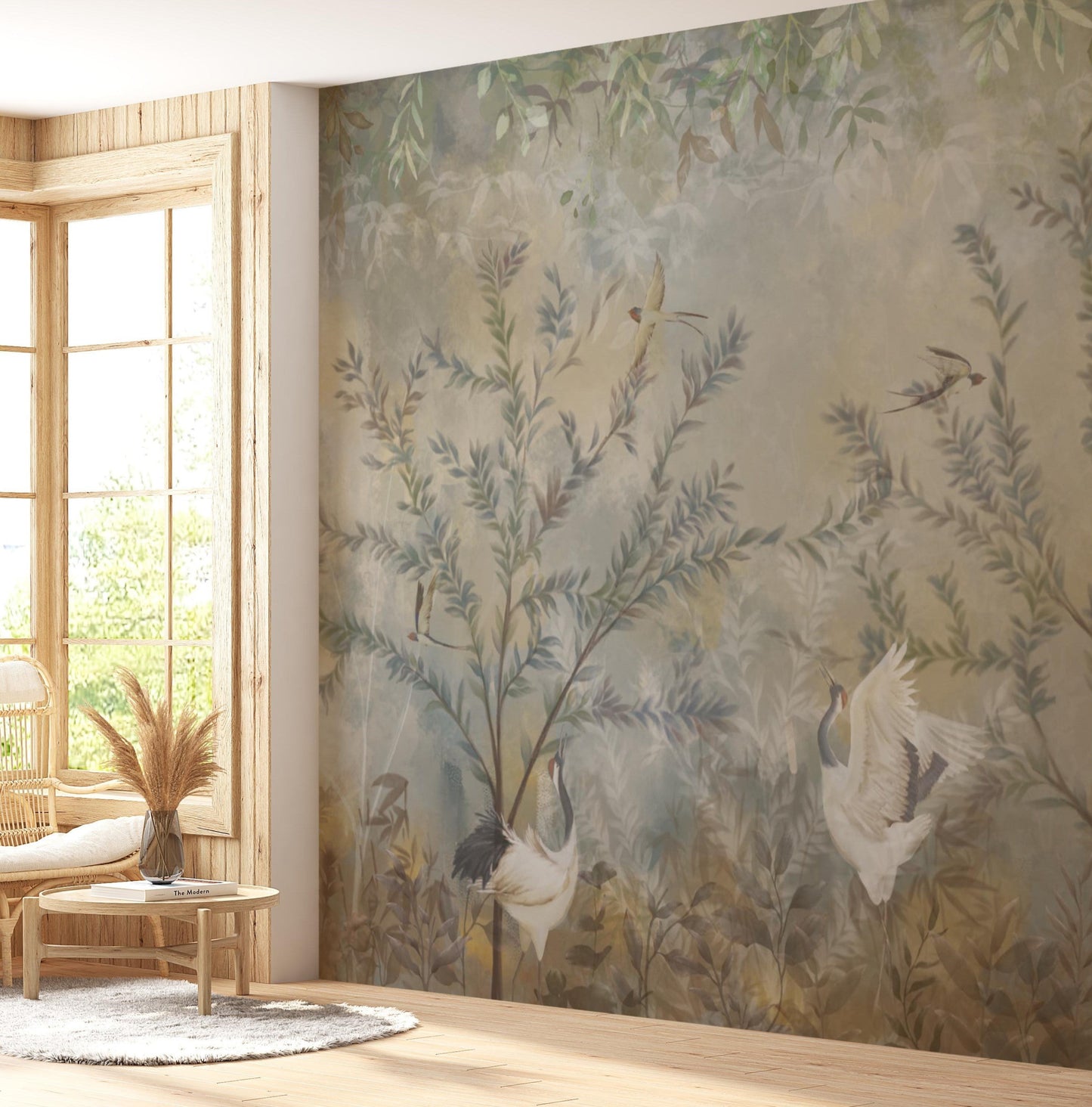 Sage mist woodland landscape mural wallpaper installed as a feature wall in living room, dining room, and bedroom interiors with nature-inspired design.