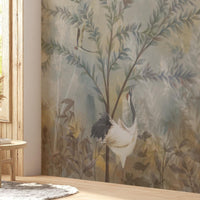 Sage mist woodland landscape mural wallpaper installed as a feature wall in living room, dining room, and bedroom interiors with nature-inspired design.