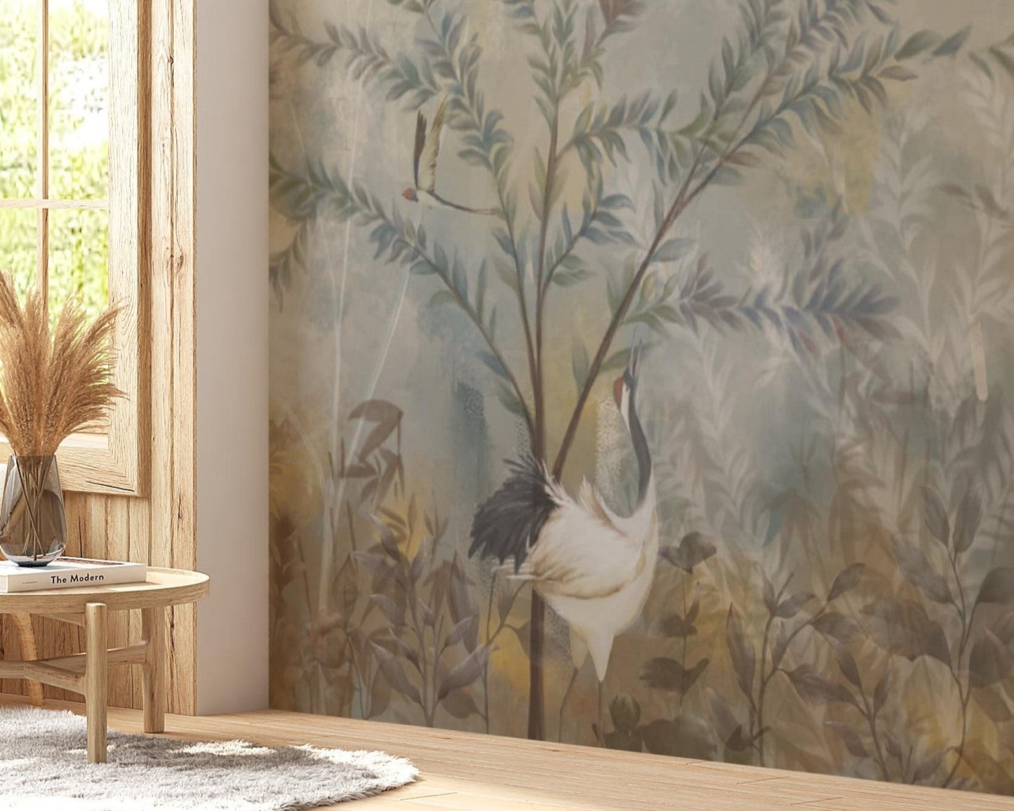 Sage mist woodland landscape mural wallpaper installed as a feature wall in living room, dining room, and bedroom interiors with nature-inspired design.