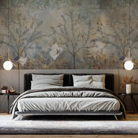 Sage mist woodland landscape mural wallpaper installed as a feature wall in living room, dining room, and bedroom interiors with nature-inspired design.