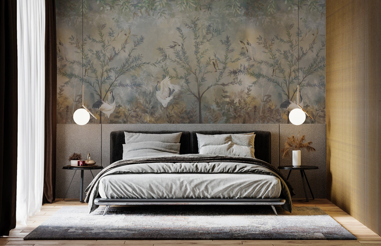 Sage mist woodland landscape mural wallpaper installed as a feature wall in living room, dining room, and bedroom interiors with nature-inspired design.
