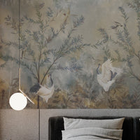 Sage mist woodland landscape mural wallpaper installed as a feature wall in living room, dining room, and bedroom interiors with nature-inspired design.