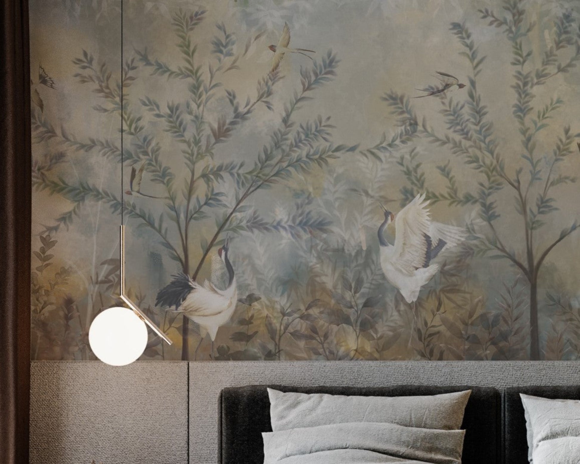 Sage mist woodland landscape mural wallpaper installed as a feature wall in living room, dining room, and bedroom interiors with nature-inspired design.