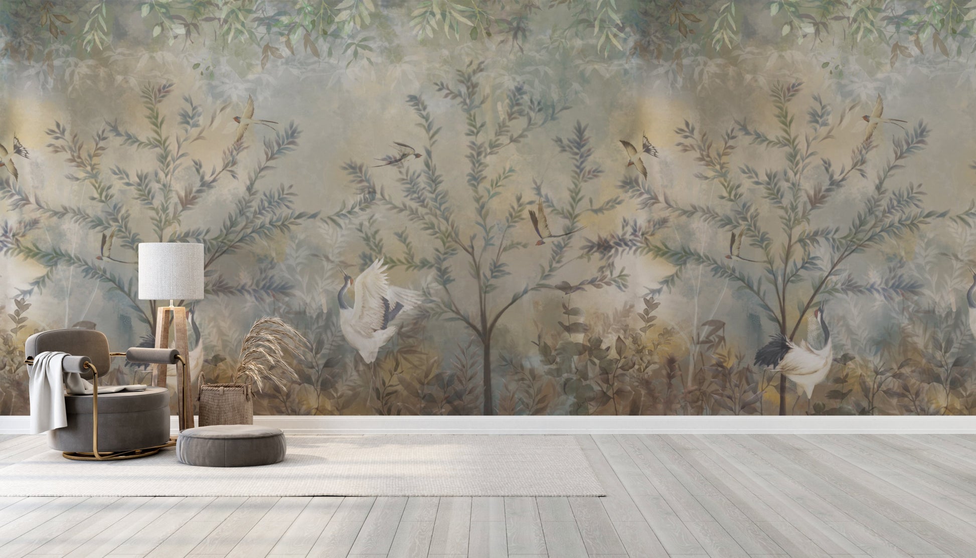 Sage mist woodland landscape mural wallpaper installed as a feature wall in living room, dining room, and bedroom interiors with nature-inspired design.