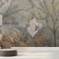 Sage mist woodland landscape mural wallpaper installed as a feature wall in living room, dining room, and bedroom interiors with nature-inspired design.
