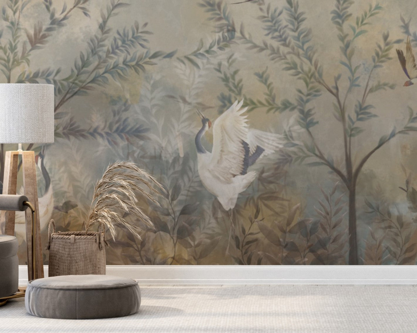 Sage mist woodland landscape mural wallpaper installed as a feature wall in living room, dining room, and bedroom interiors with nature-inspired design.
