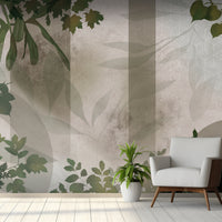 Deep avocado green botanical geometric mural wallpaper installed as a feature wall in living room, dining room, and bedroom interiors with modern leaf pattern design.