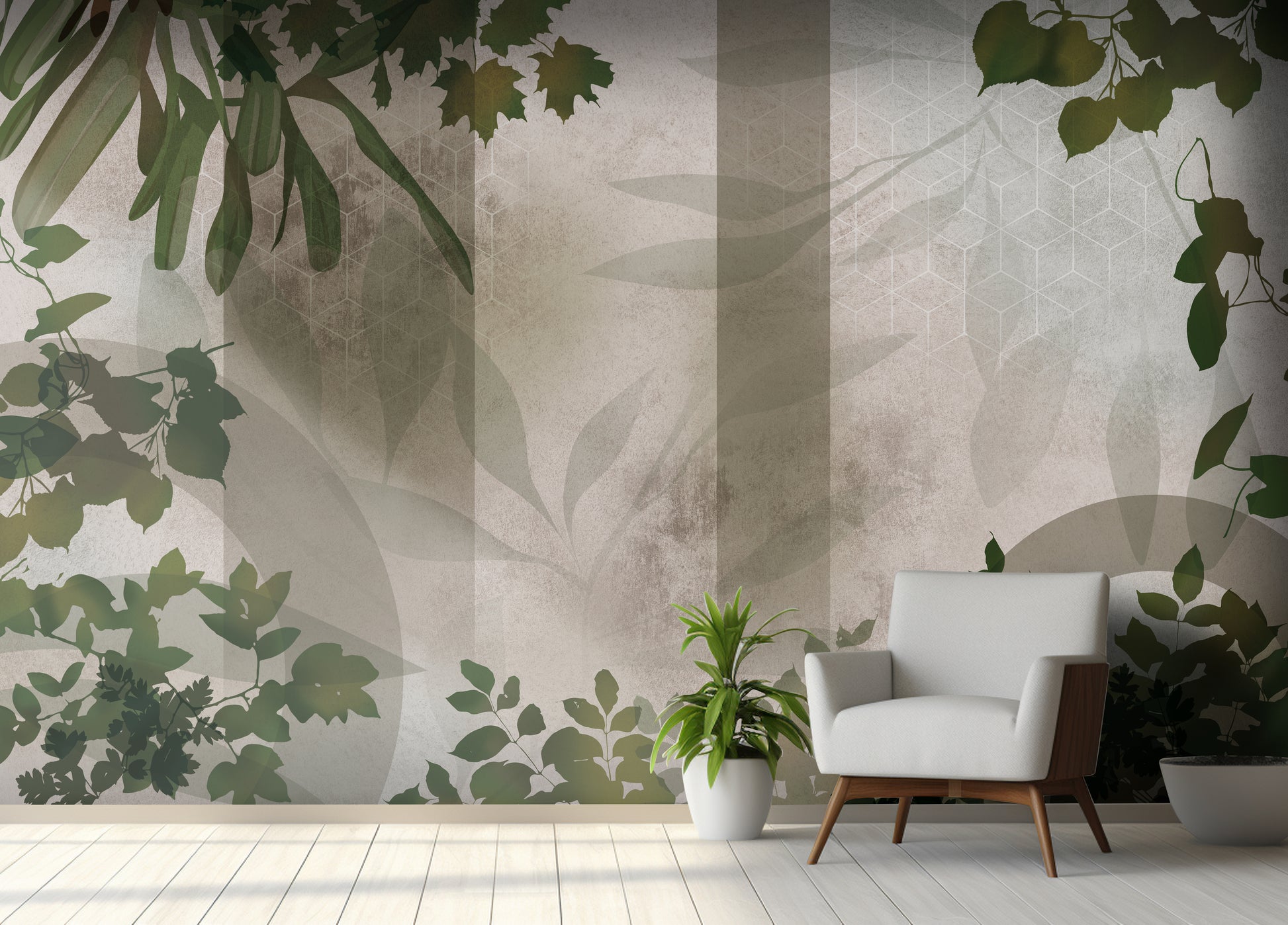 Deep avocado green botanical geometric mural wallpaper installed as a feature wall in living room, dining room, and bedroom interiors with modern leaf pattern design.