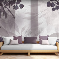 Eggplant purple botanical geometric mural wallpaper installed as a feature wall in living room, dining room, and bedroom interiors with modern leaf pattern design.