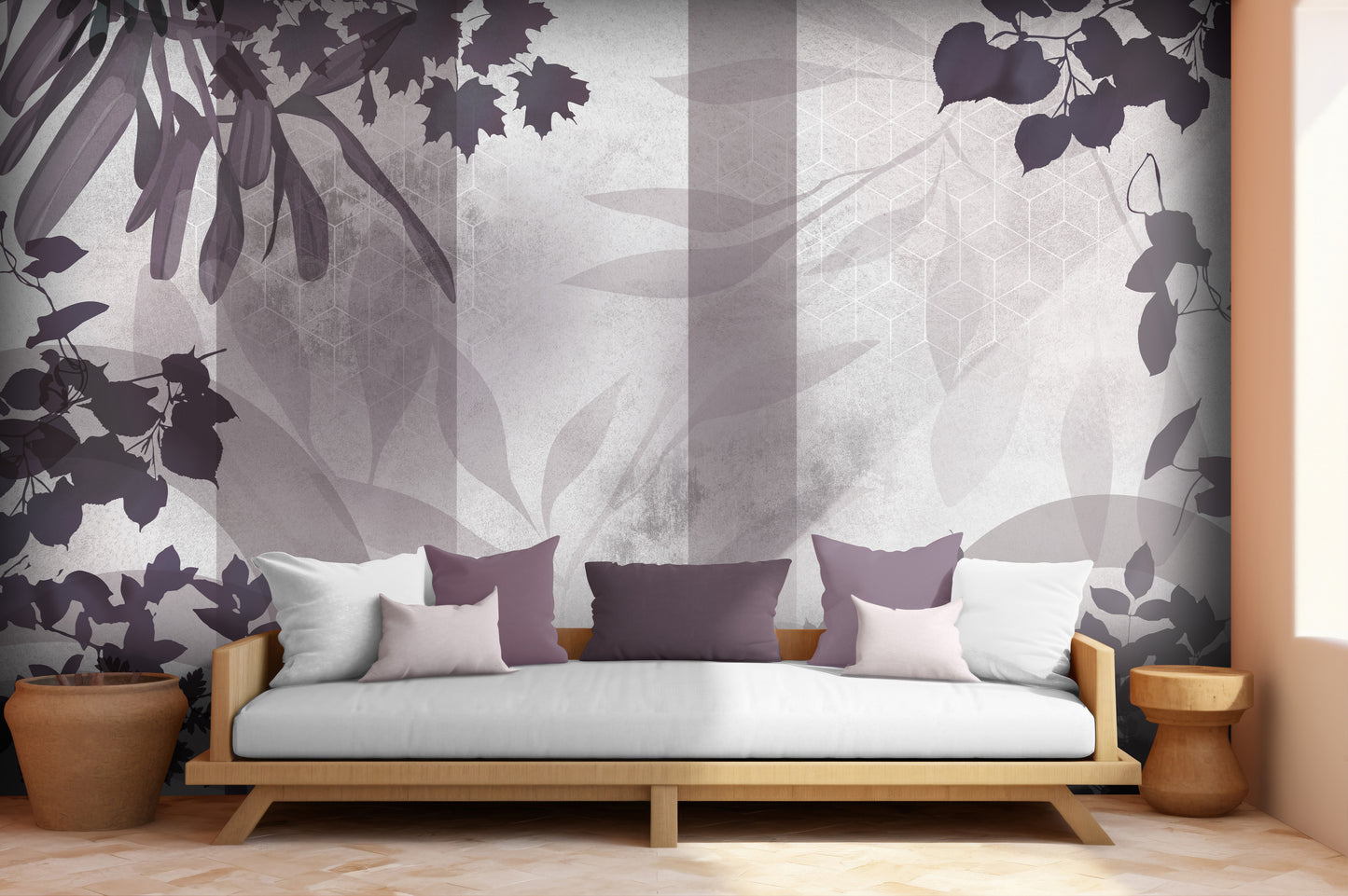 Eggplant purple botanical geometric mural wallpaper installed as a feature wall in living room, dining room, and bedroom interiors with modern leaf pattern design.