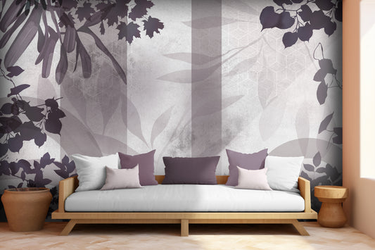Eggplant purple botanical geometric mural wallpaper installed as a feature wall in living room, dining room, and bedroom interiors with modern leaf pattern design.