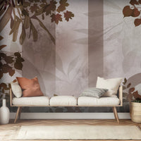 Ginger bread brown botanical geometric mural wallpaper installed as a feature wall in living room, dining room, and bedroom interiors with modern leaf pattern design.