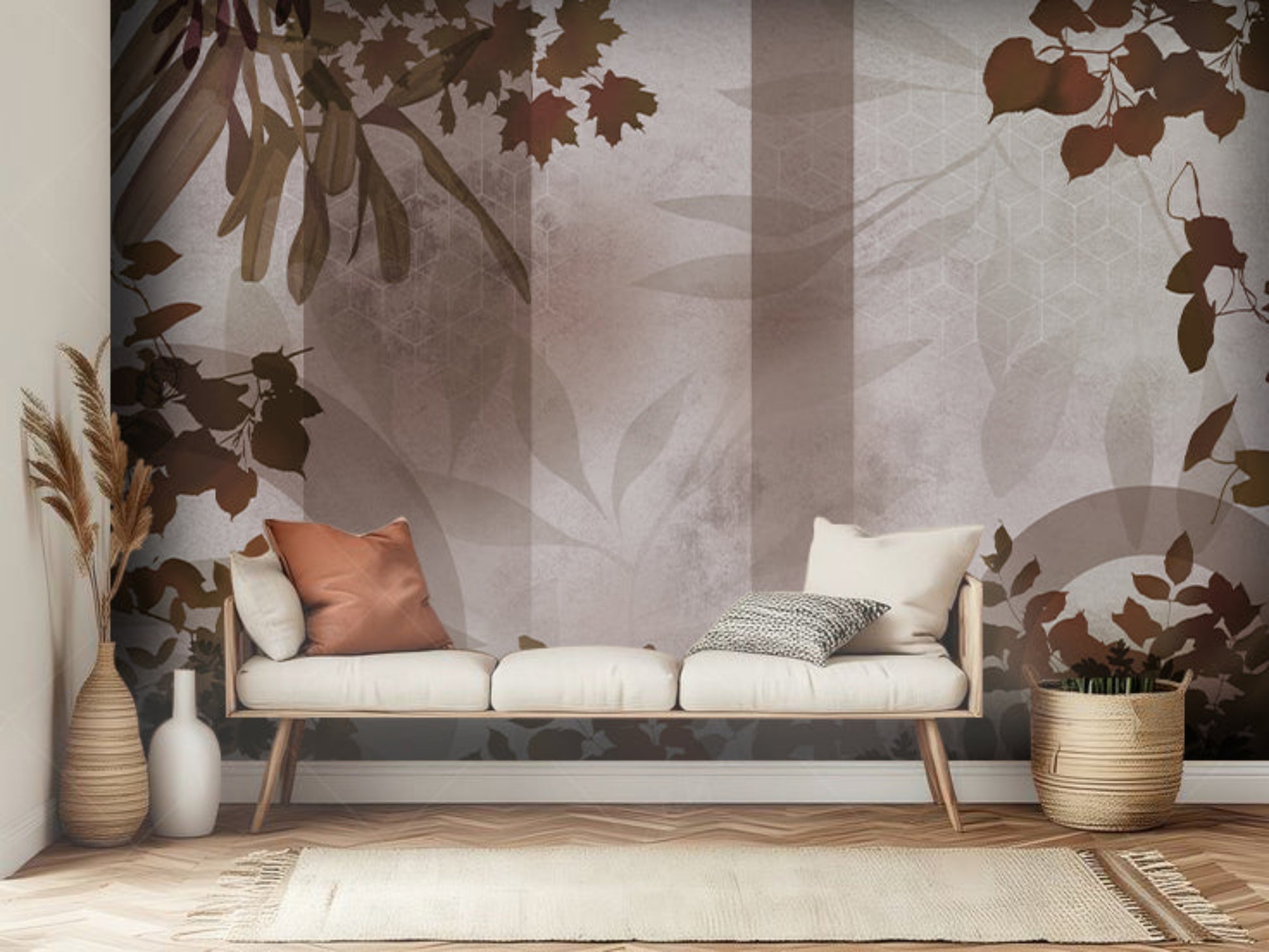 Ginger bread brown botanical geometric mural wallpaper installed as a feature wall in living room, dining room, and bedroom interiors with modern leaf pattern design.