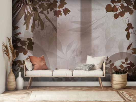 Ginger bread brown botanical geometric mural wallpaper installed as a feature wall in living room, dining room, and bedroom interiors with modern leaf pattern design.