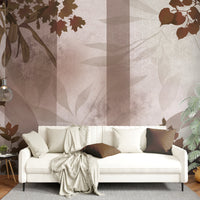 Ginger bread brown botanical geometric mural wallpaper installed as a feature wall in living room, dining room, and bedroom interiors with modern leaf pattern design.