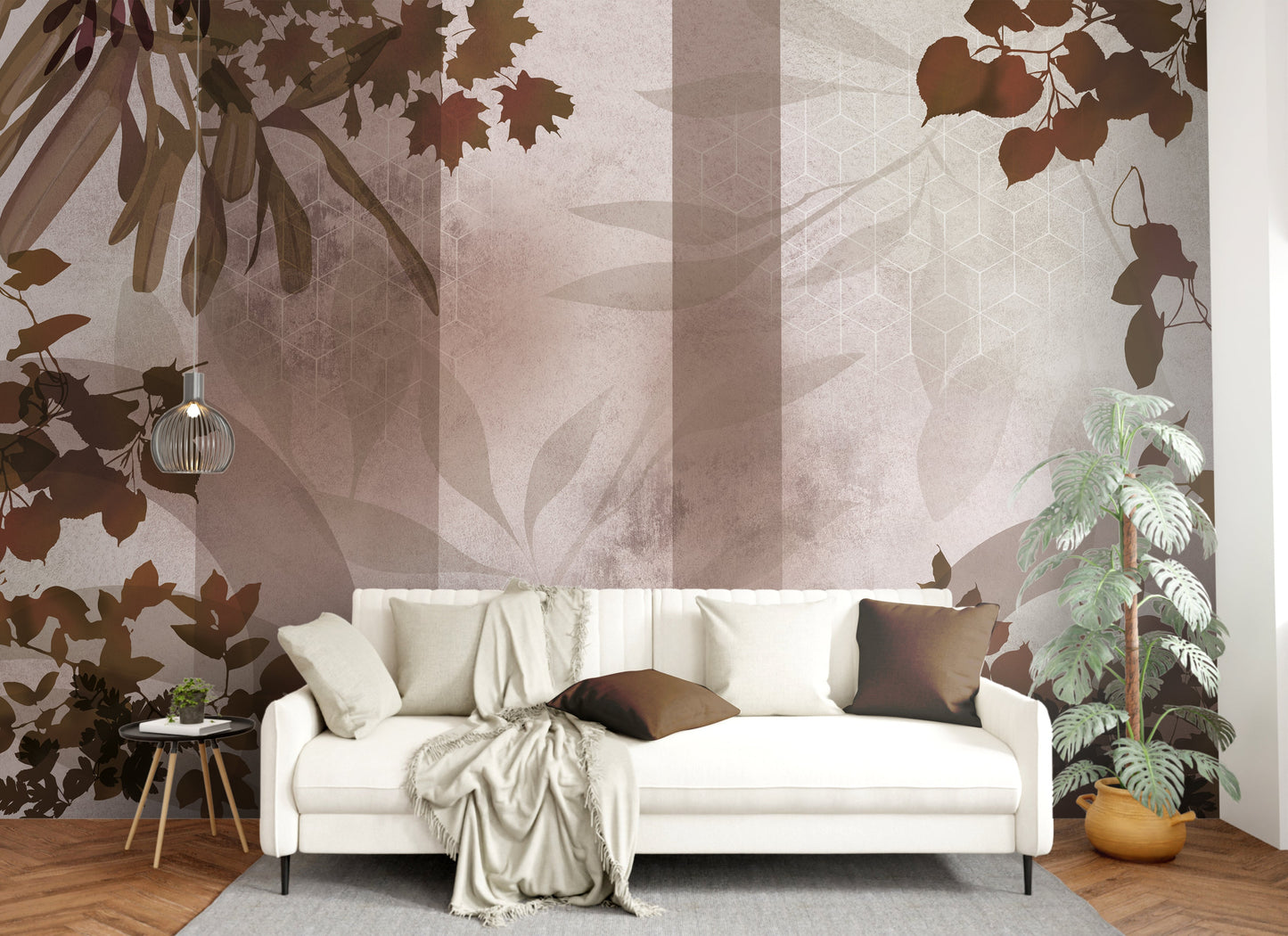Ginger bread brown botanical geometric mural wallpaper installed as a feature wall in living room, dining room, and bedroom interiors with modern leaf pattern design.