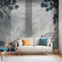 Peacock green botanical geometric mural wallpaper installed as a feature wall in living room, dining room, and bedroom interiors with modern leaf pattern design.