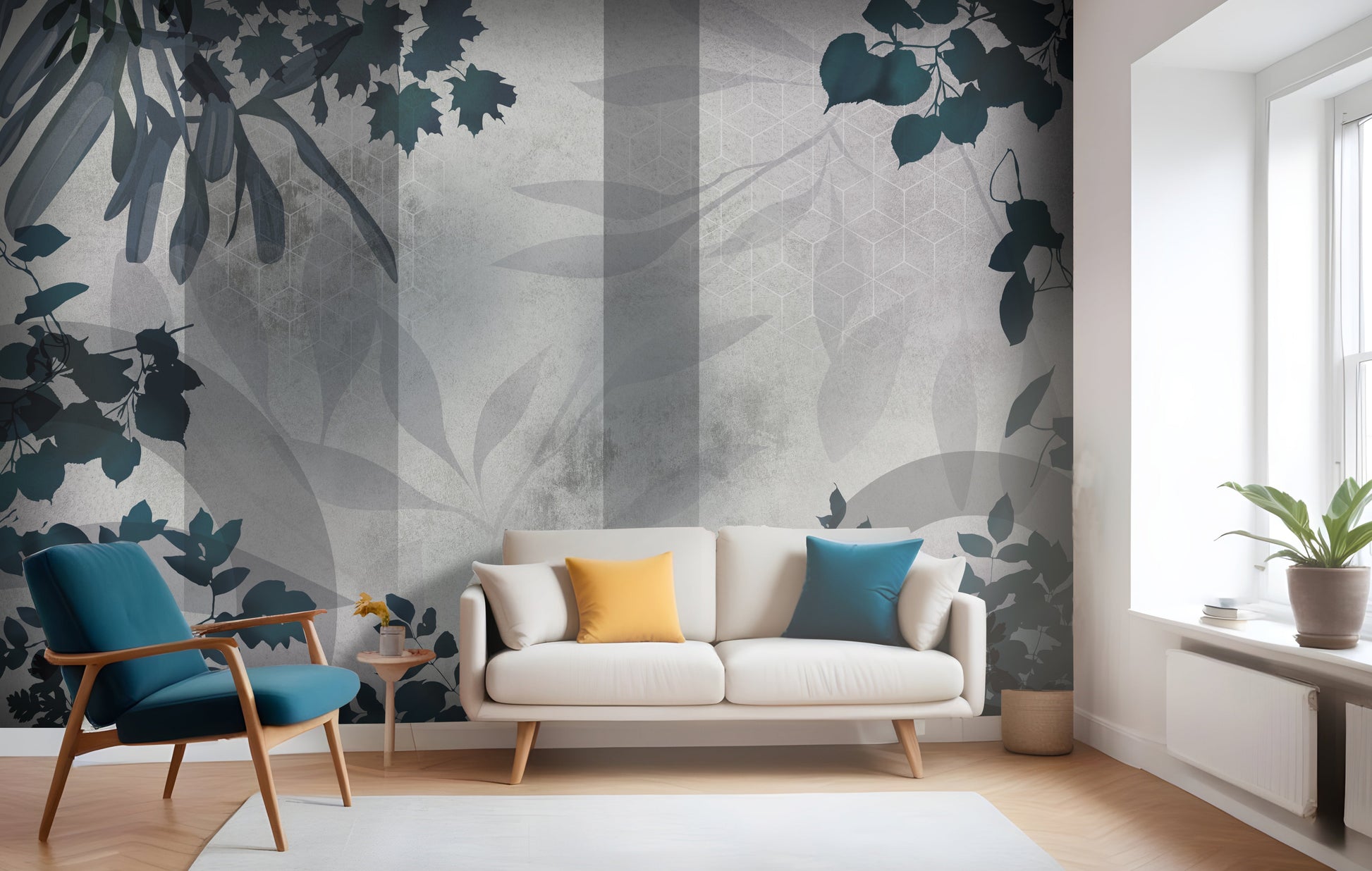 Peacock green botanical geometric mural wallpaper installed as a feature wall in living room, dining room, and bedroom interiors with modern leaf pattern design.
